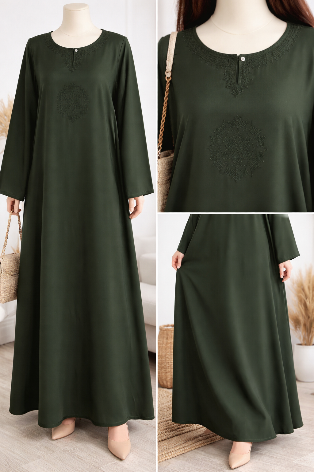 Dark Green Modest Abaya with Embroidered Neckline – Elegant Islamic Wear