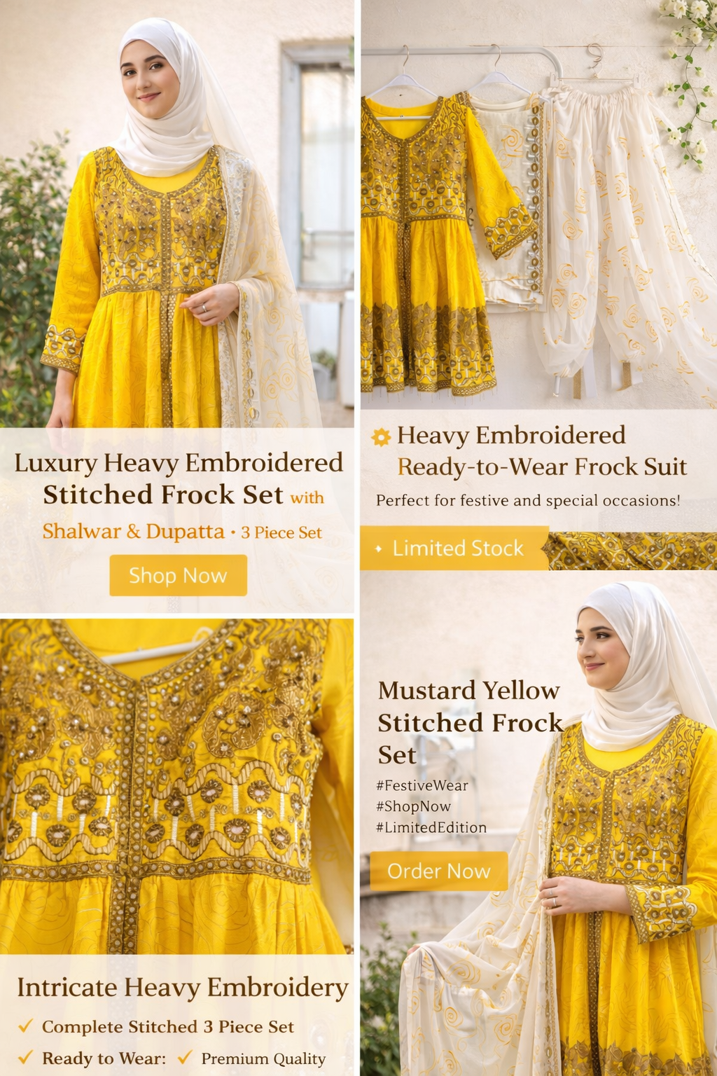 Mustard Yellow Heavy Embroidered Stitched Frock Set with Shalwar & Dupatta