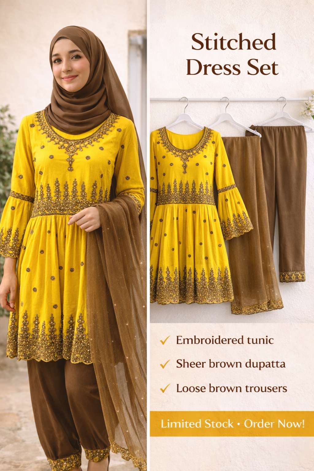 Mustard Yellow Heavy Embroidered Stitched Frock Set with Shalwar & Dupatta