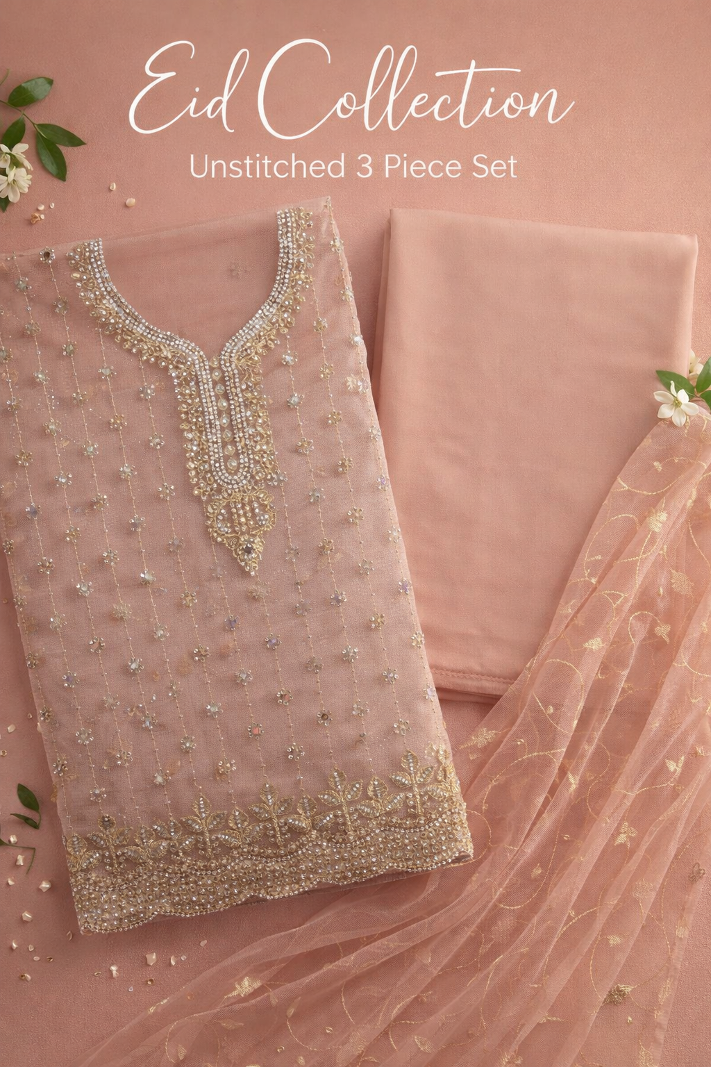 Elegant Peach Embroidered Unstitched Suit with Matching Dupatta – Luxury Party Wear for Women