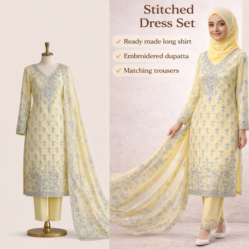 3-Piece Stitched Lemon Yellow Heavy Embroidered Dress – Silver Thread Work | Ready-to-Wear Eid Collection 2026