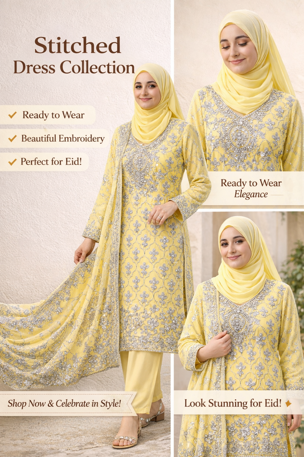 3-Piece Stitched Lemon Yellow Heavy Embroidered Dress – Silver Thread Work | Ready-to-Wear Eid Collection 2026