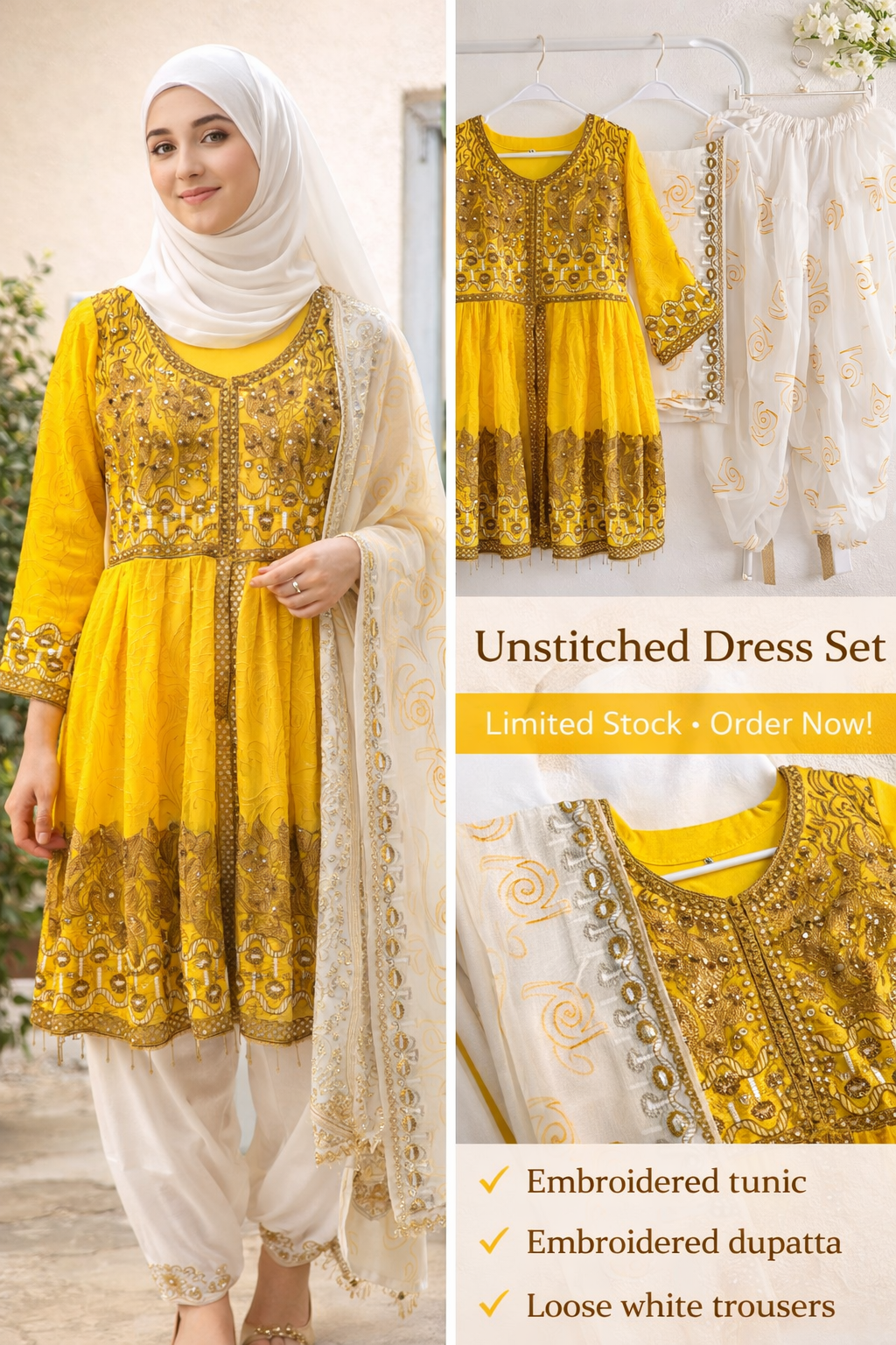 Mustard Yellow Heavy Embroidered Stitched Frock Set with Shalwar & Dupatta