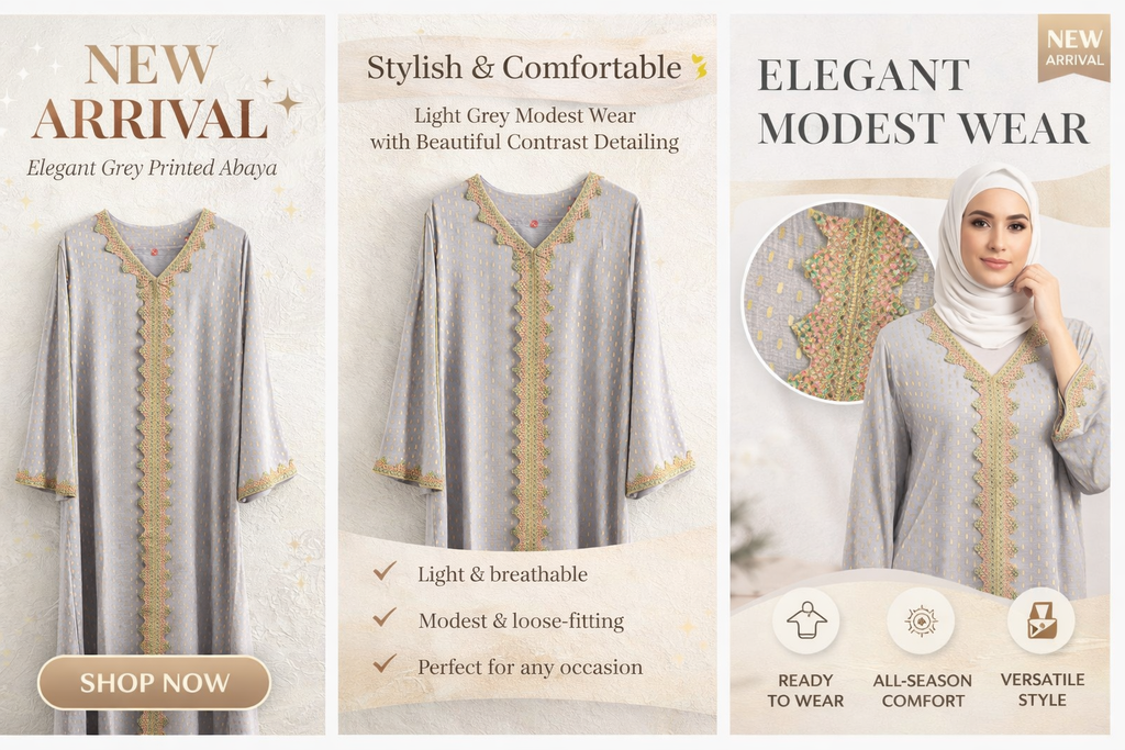 Elegant Grey Printed Abaya for Women – Stylish Modest Wear with Contrast Embroidered Detailing | Ready to Wear