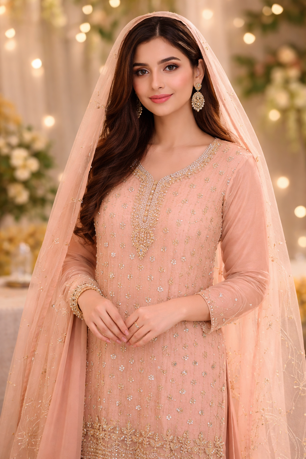 Elegant Peach Embroidered Unstitched Suit with Matching Dupatta – Luxury Party Wear for Women