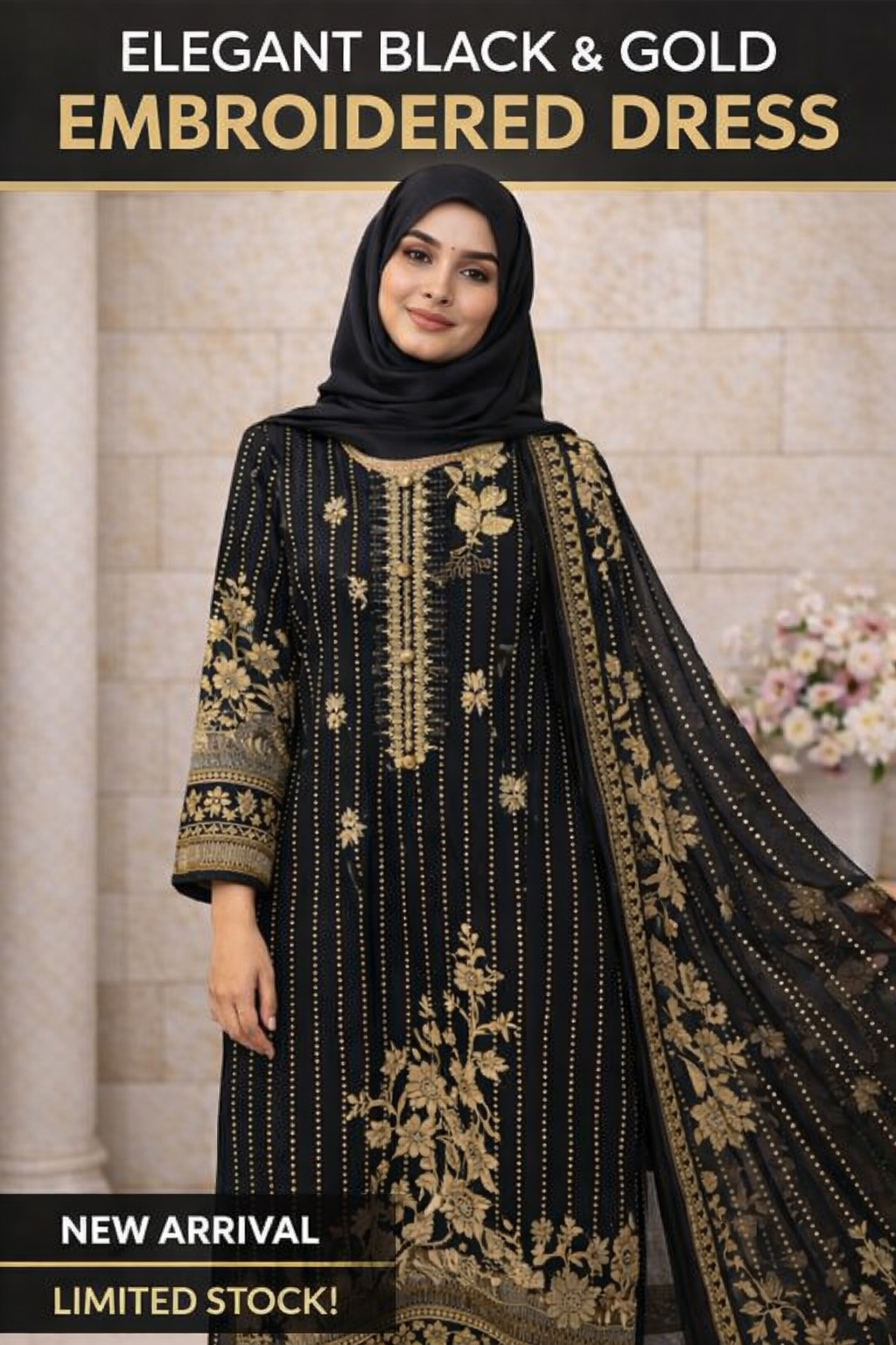 Black & Gold 3-Piece Printed Stitched Lawn Suit | Front Embroidered Shirt with Lawn Dupatta