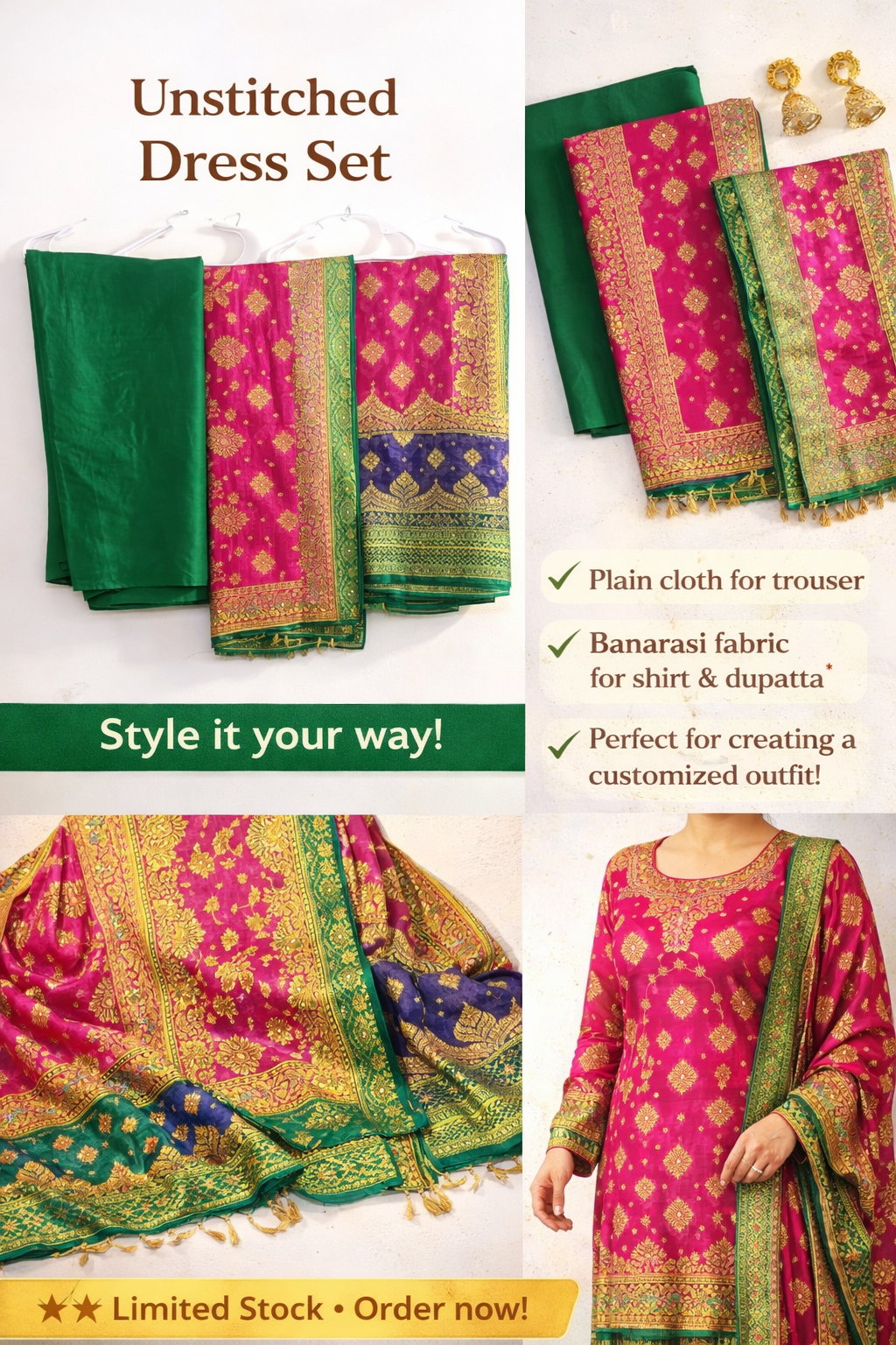 Eid Collection 2026 Premium Unstitched Dress Material for Festive Wear, Pink and Green ladies dress-valentines day gift for