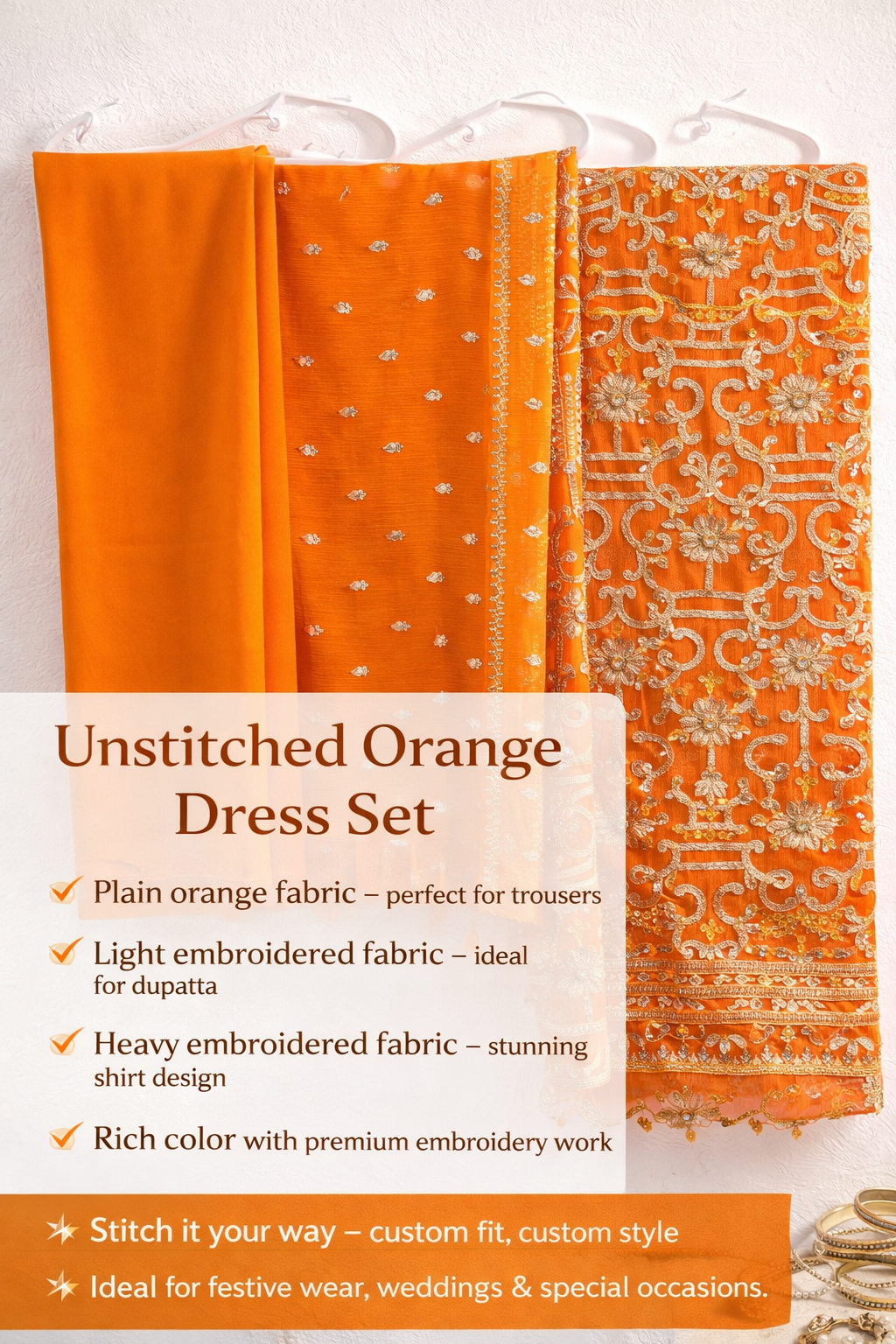 Luxury Orange 3-Piece Unstitched Party Wear Dress | Heavy Silver Embroidery | Eid Collection 2026 | Custom Stitch Suit