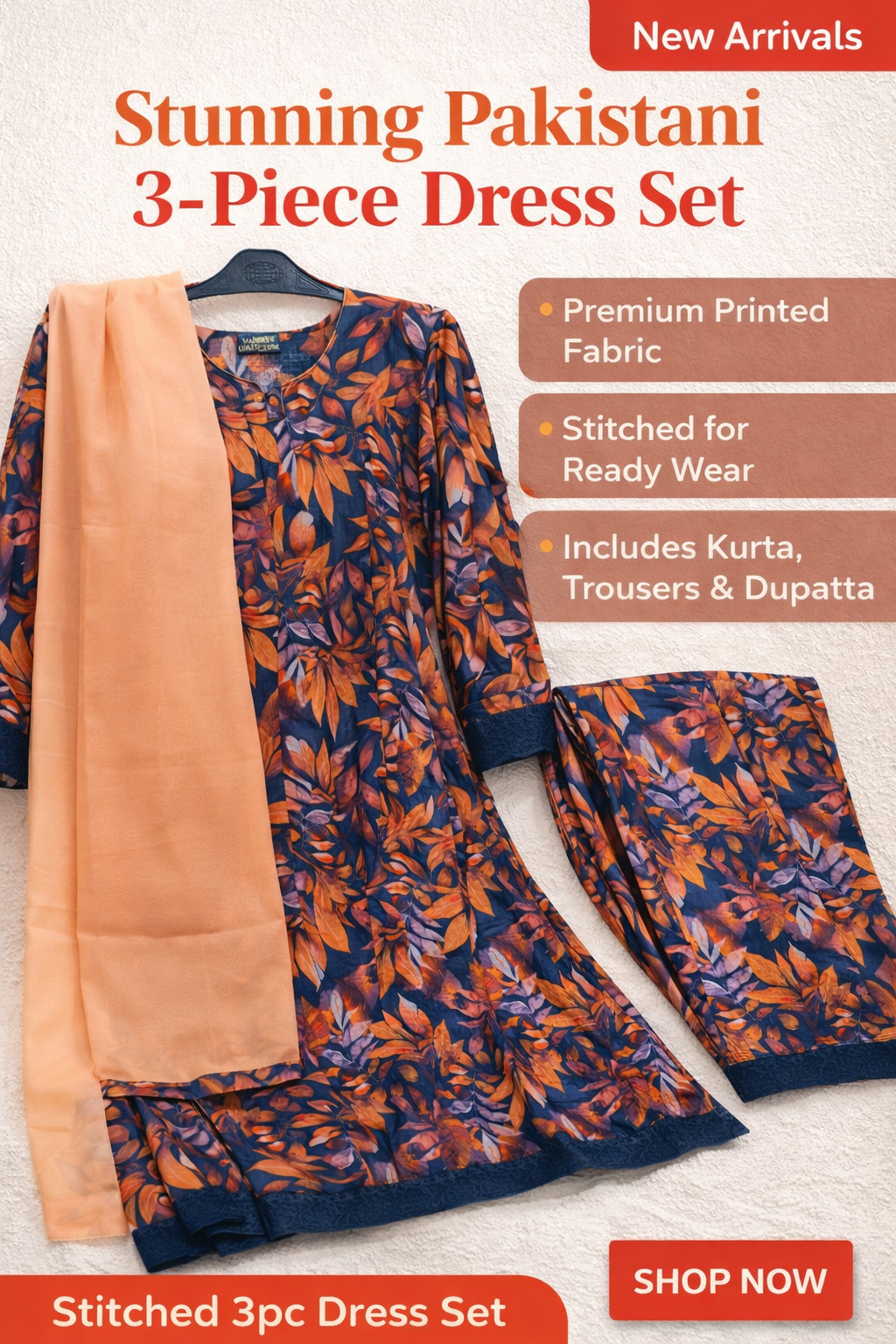 Black & Orange Printed Lawn Stitched Dress – One Size Outfit with Matching Chiffon Dupatta | Elegant Everyday Wear