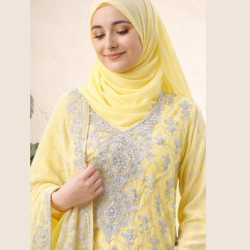 3-Piece Stitched Lemon Yellow Heavy Embroidered Dress – Silver Thread Work | Ready-to-Wear Eid Collection 2026