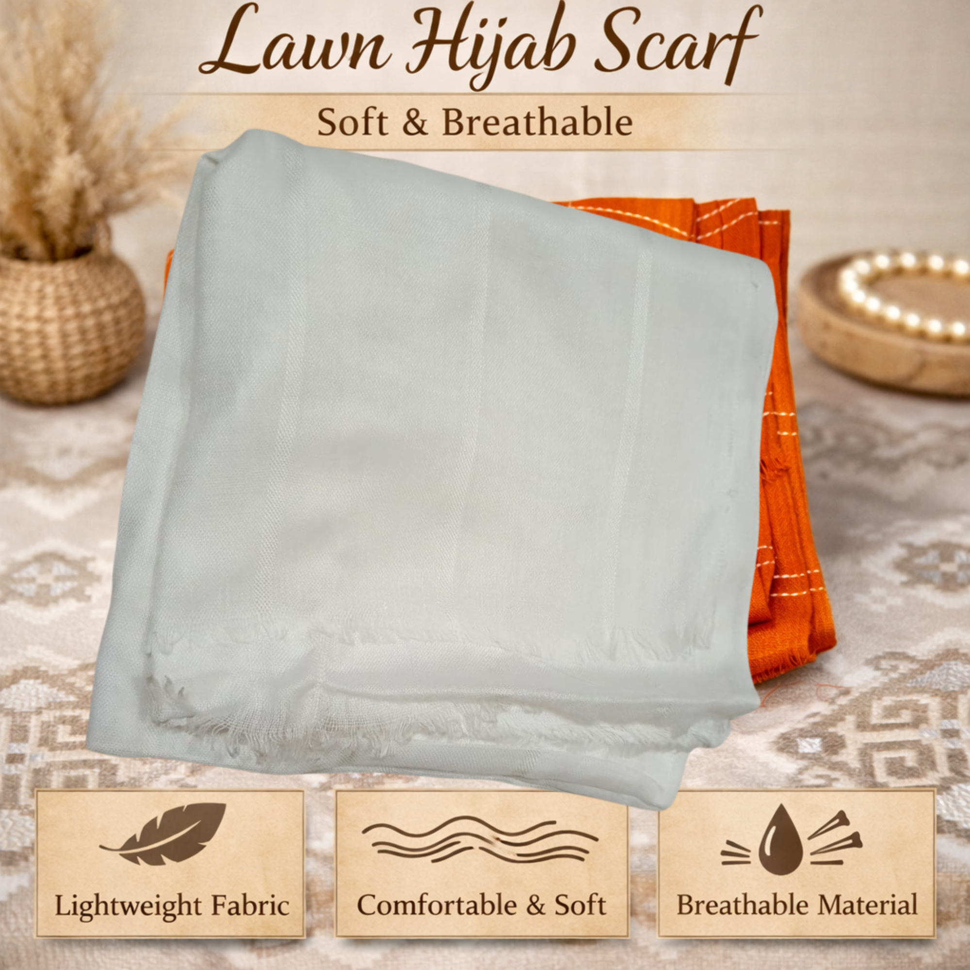 Premium Cotton Lawn Hijab Scarf – Lightweight Breathable Summer Hijab, Soft Comfortable Everyday Modest Headscarf for Women