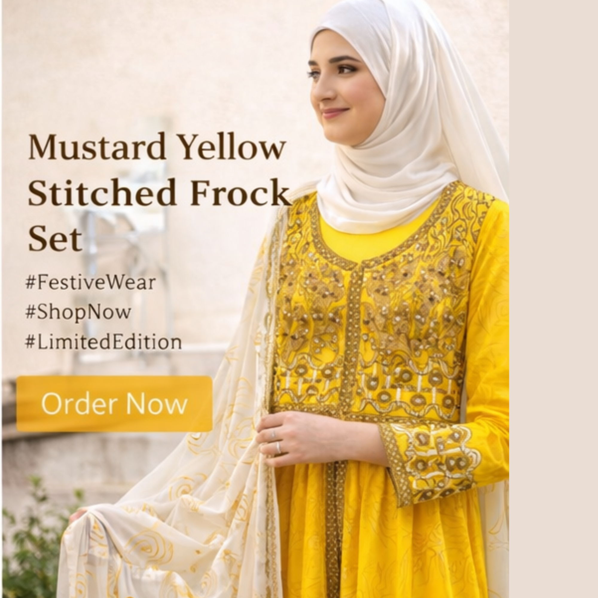 Mustard Yellow Heavy Embroidered Stitched Frock Set with Shalwar & Dupatta