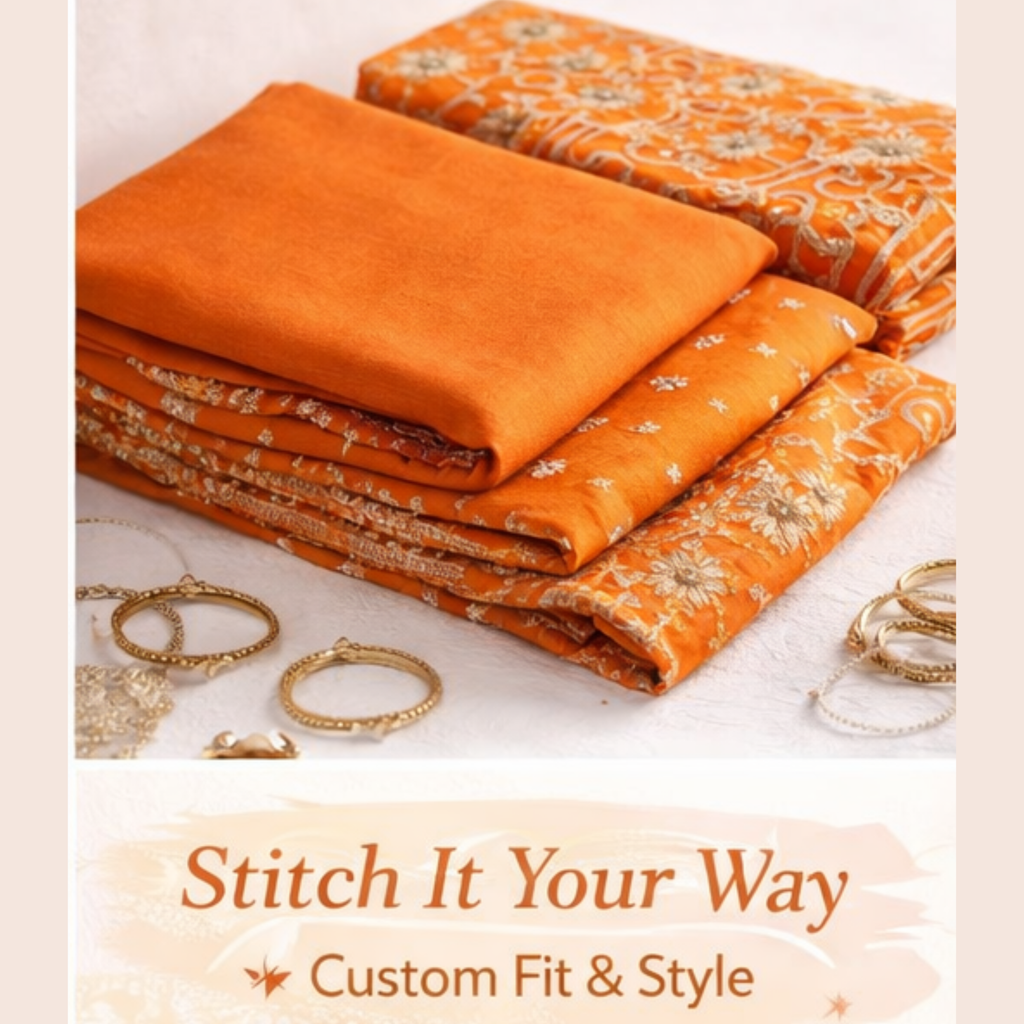 Luxury Orange 3-Piece Unstitched Party Wear Dress | Heavy Silver Embroidery | Eid Collection 2026 | Custom Stitch Suit