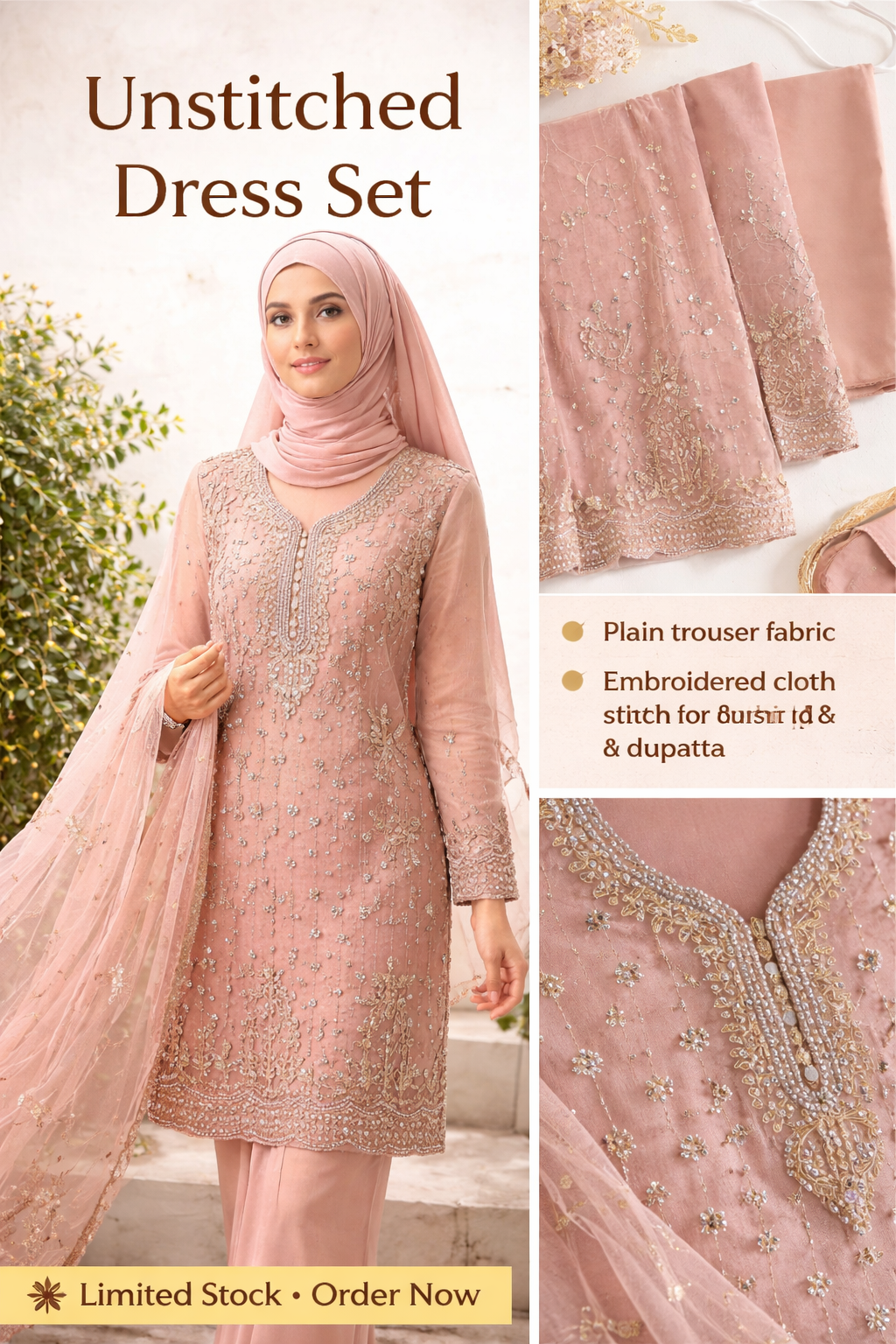 Elegant Peach Embroidered Unstitched Suit with Matching Dupatta – Luxury Party Wear for Women
