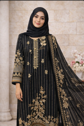 Black & Gold 3-Piece Printed Stitched Lawn Suit | Front Embroidered Shirt with Lawn Dupatta